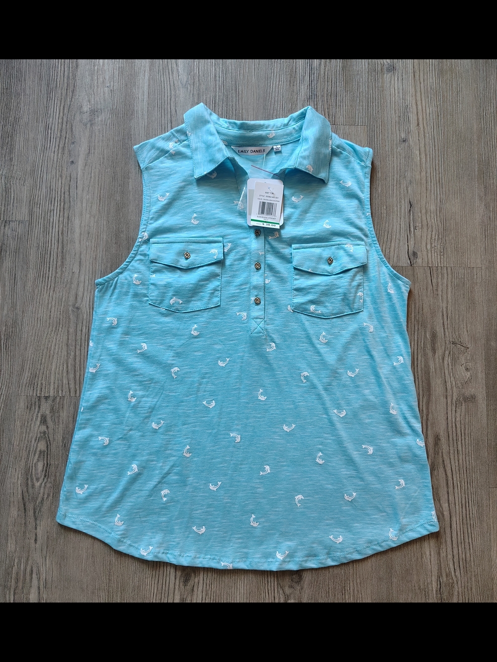 Emily Daniels Blue Sleeveless Button Polo Size L Dolphin Print Pockets NWT